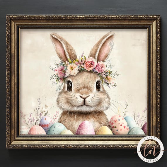 Easter Bunny Painting Spring Bunny Rabbit With Eggs And Floral Crown Print Vintage Cottagecore Wall Art Cute Farmhouse Decor 6 Eas005