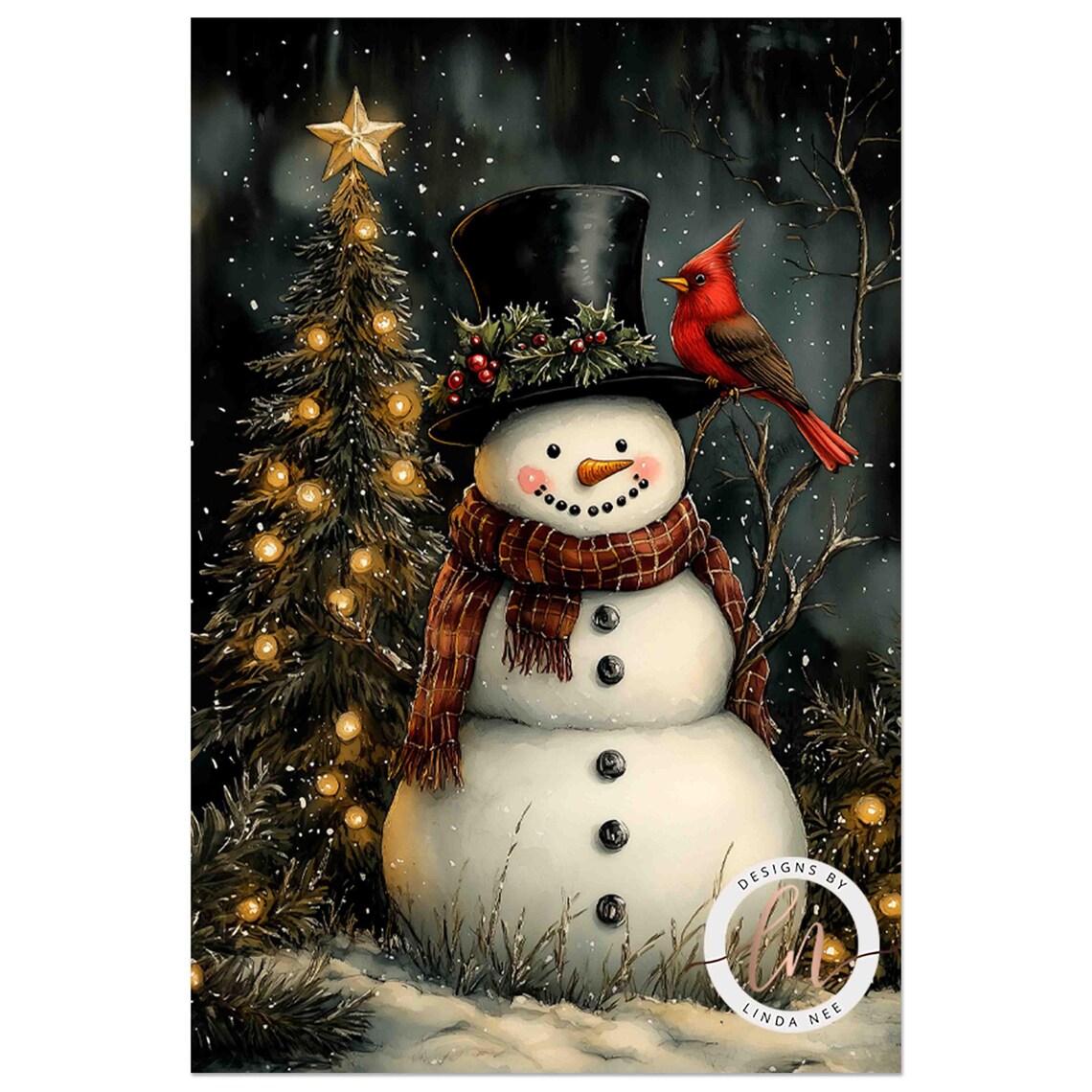 Snowman and Cardinal Christmas Art Print, Rustic Winter - Image 3