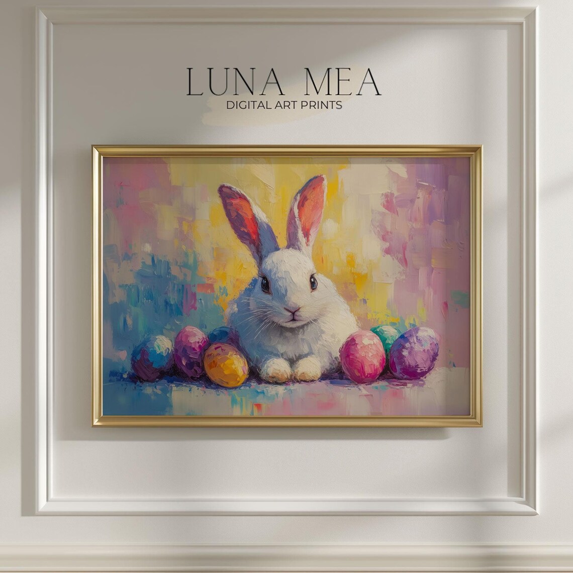Modern Impressionist White Rabbit With Colorful Easter Eggs Artwork Poster