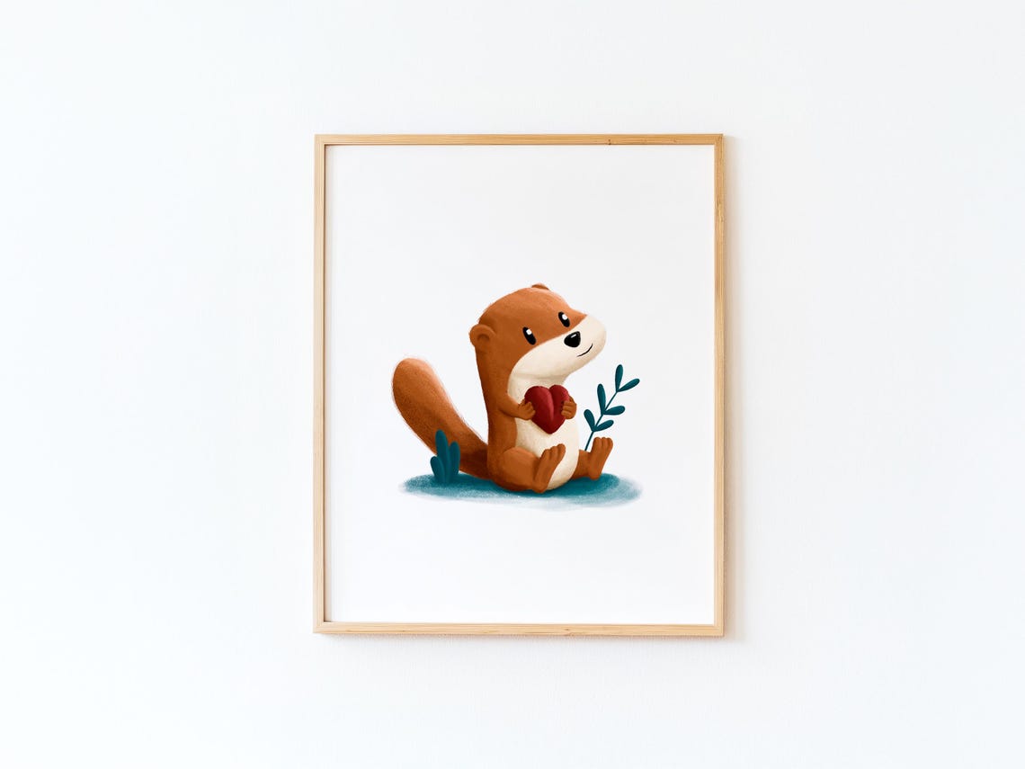 Cute Otter Holding A Red Heart Sweet Nursery Illustration Poster
