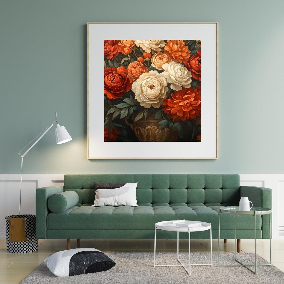 Orange and Cream Peony Bouquet Floral Still Life Painting Poster