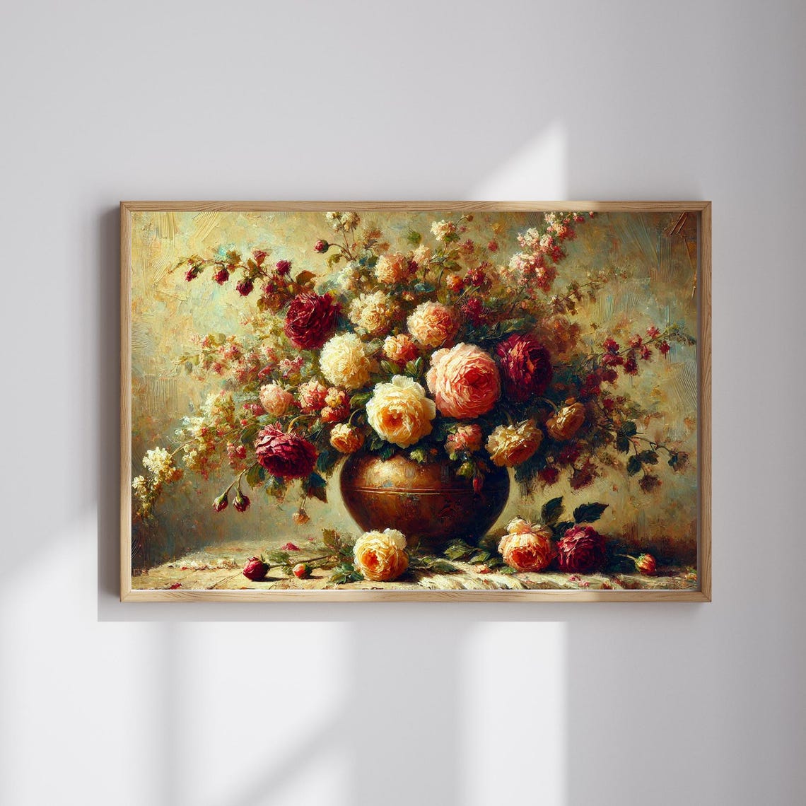 Vintage Rose Still Life In Bronze Vase Impasto Oil Art Poster - Image 2
