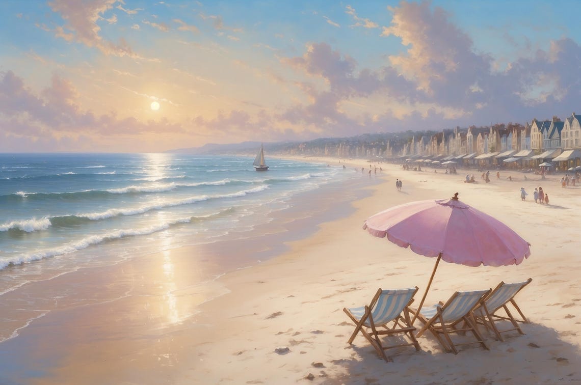 Pink Umbrella and Deck Chairs Beach Sunset Coastal Art Poster - Image 2