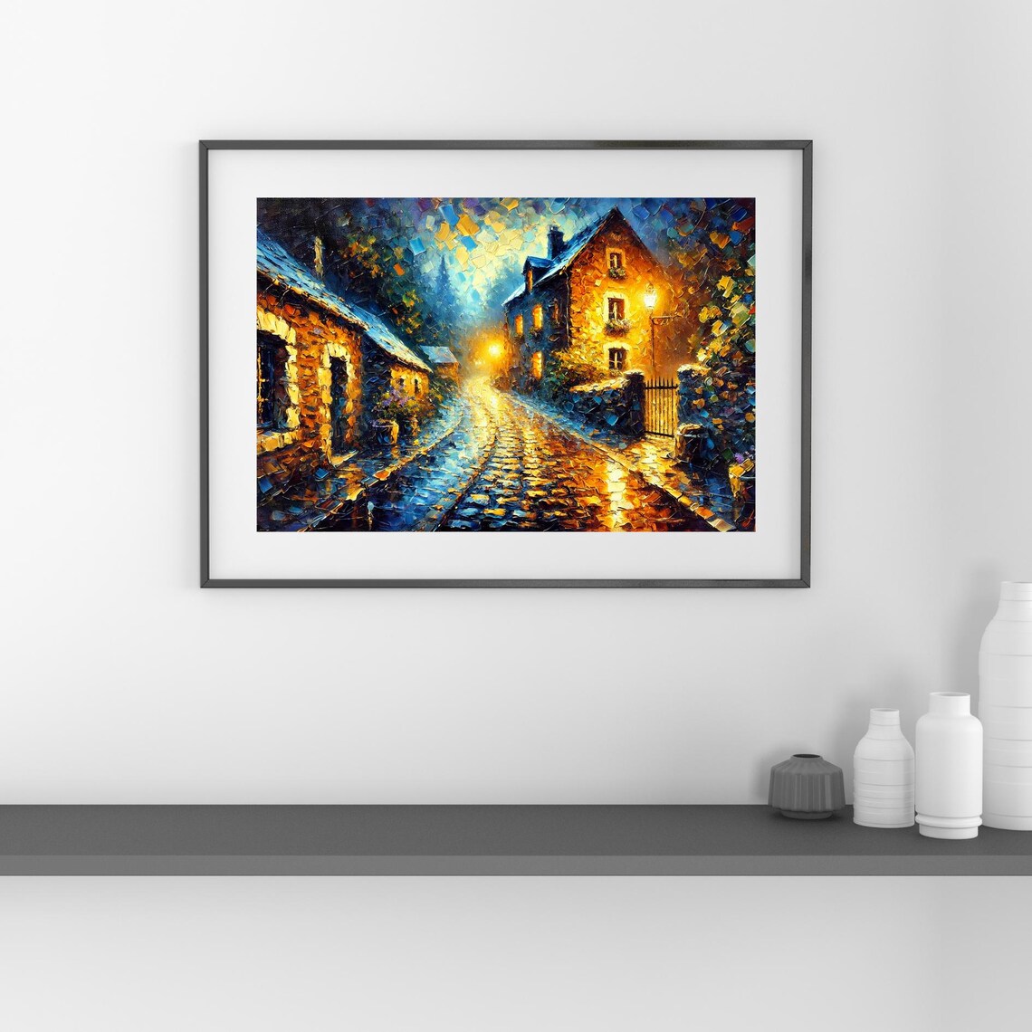Rainy Night Road Luminous Impasto Artwork Wall Art