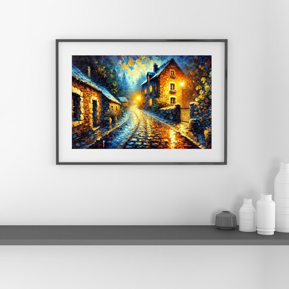 Rainy Night Road Luminous Impasto Artwork Wall Art