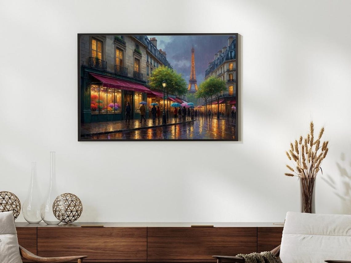 Rainy Evening in Paris Eiffel Tower Cityscape Travel Art Poster