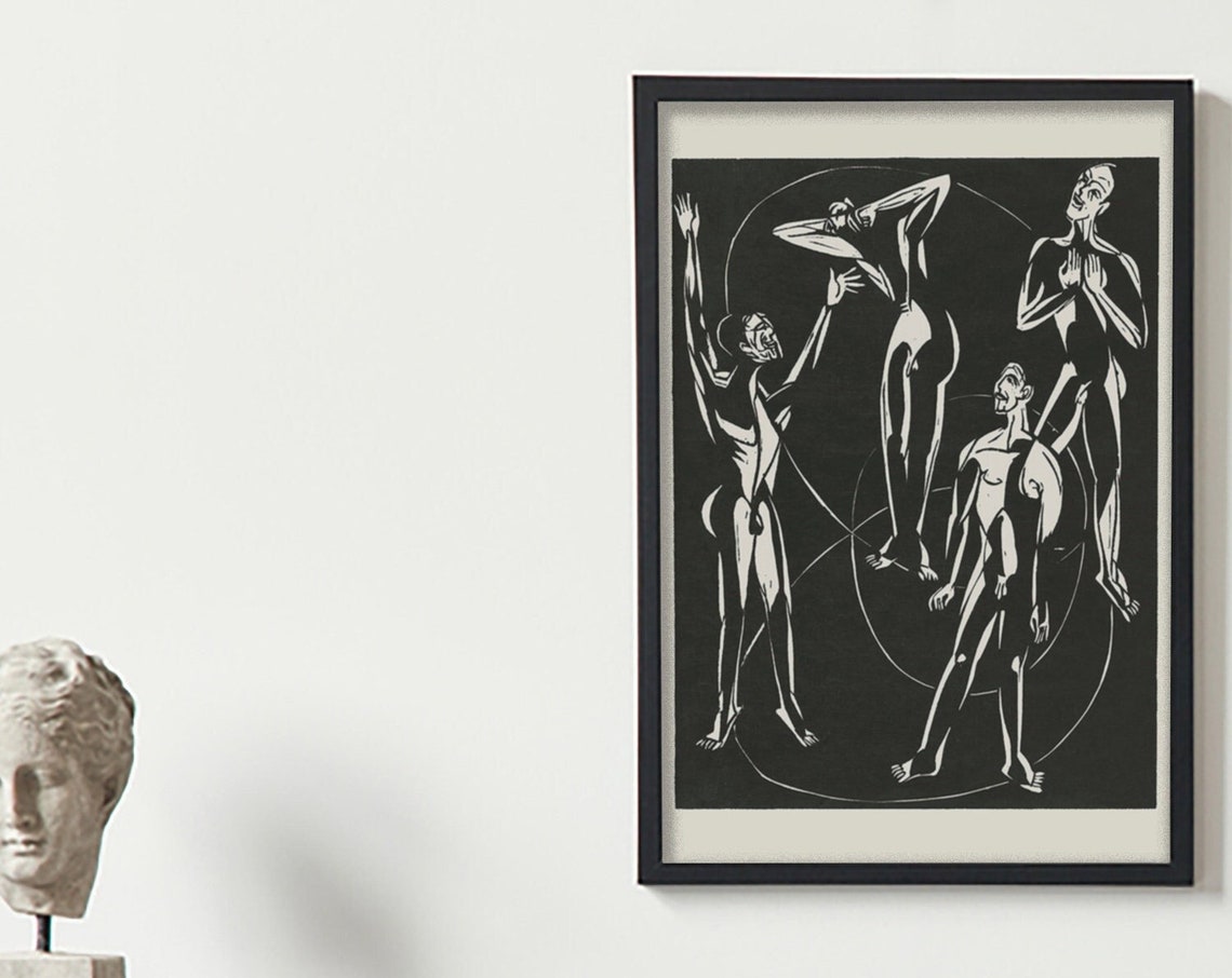 Black and White Dancing Figures Bold Woodcut Linocut Art Poster