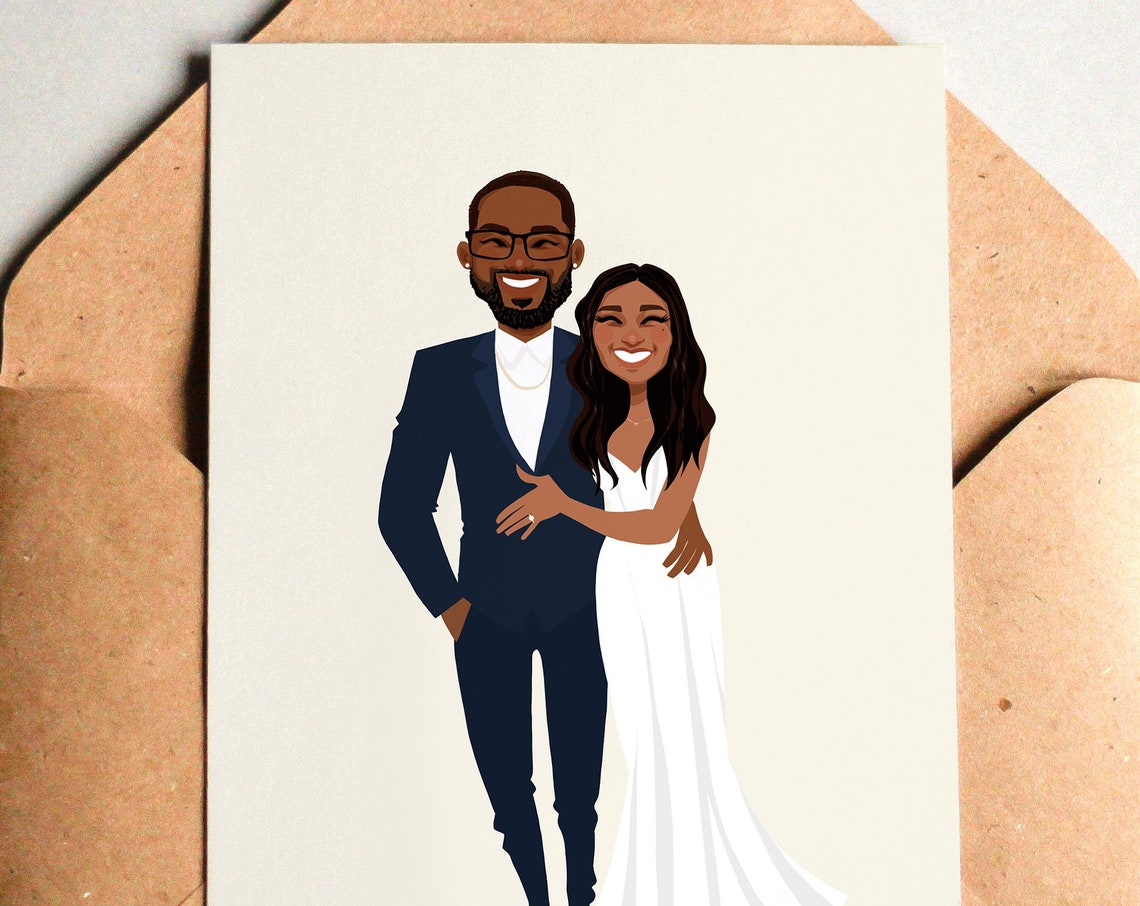Custom Elegant Wedding Couple Portrait Illustration With Gown Poster