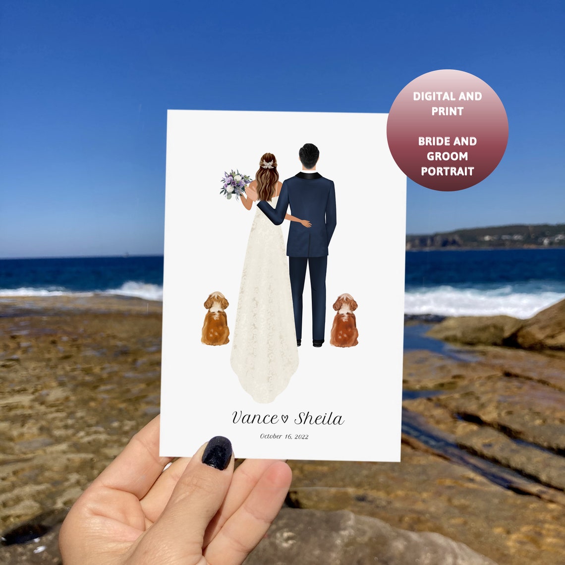 Bride and Groom With Two Dogs Custom Wedding Couple Portrait Poster
