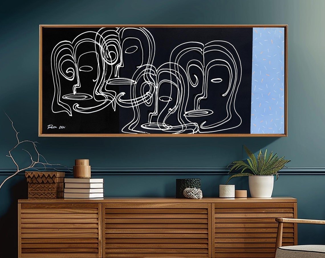 White Line Faces Black Wide Modern Abstract Gallery Style Poster