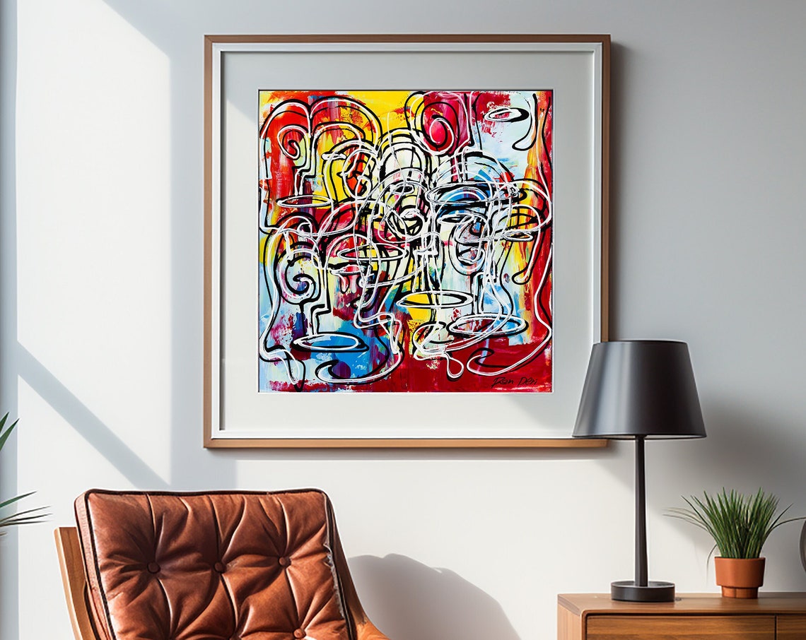 Vibrant Scribble Faces on Red Yellow Blue Patchwork Modern Poster