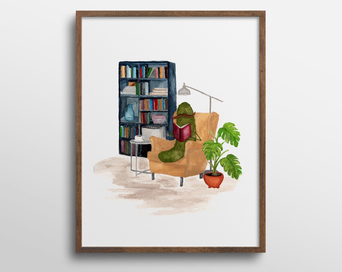 Whimsical Pickle Reading in Library Nook, Art Print