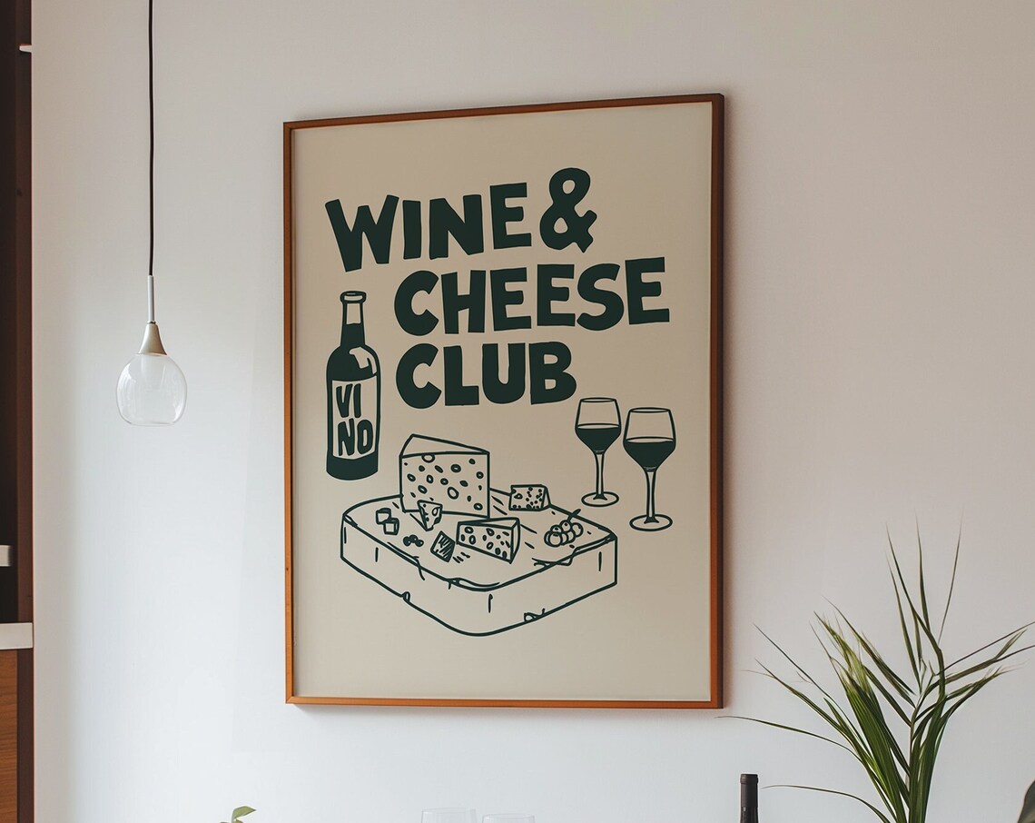 Wine Cheese Club Green Retro Kitchen Illustration Cream Vintage Poster