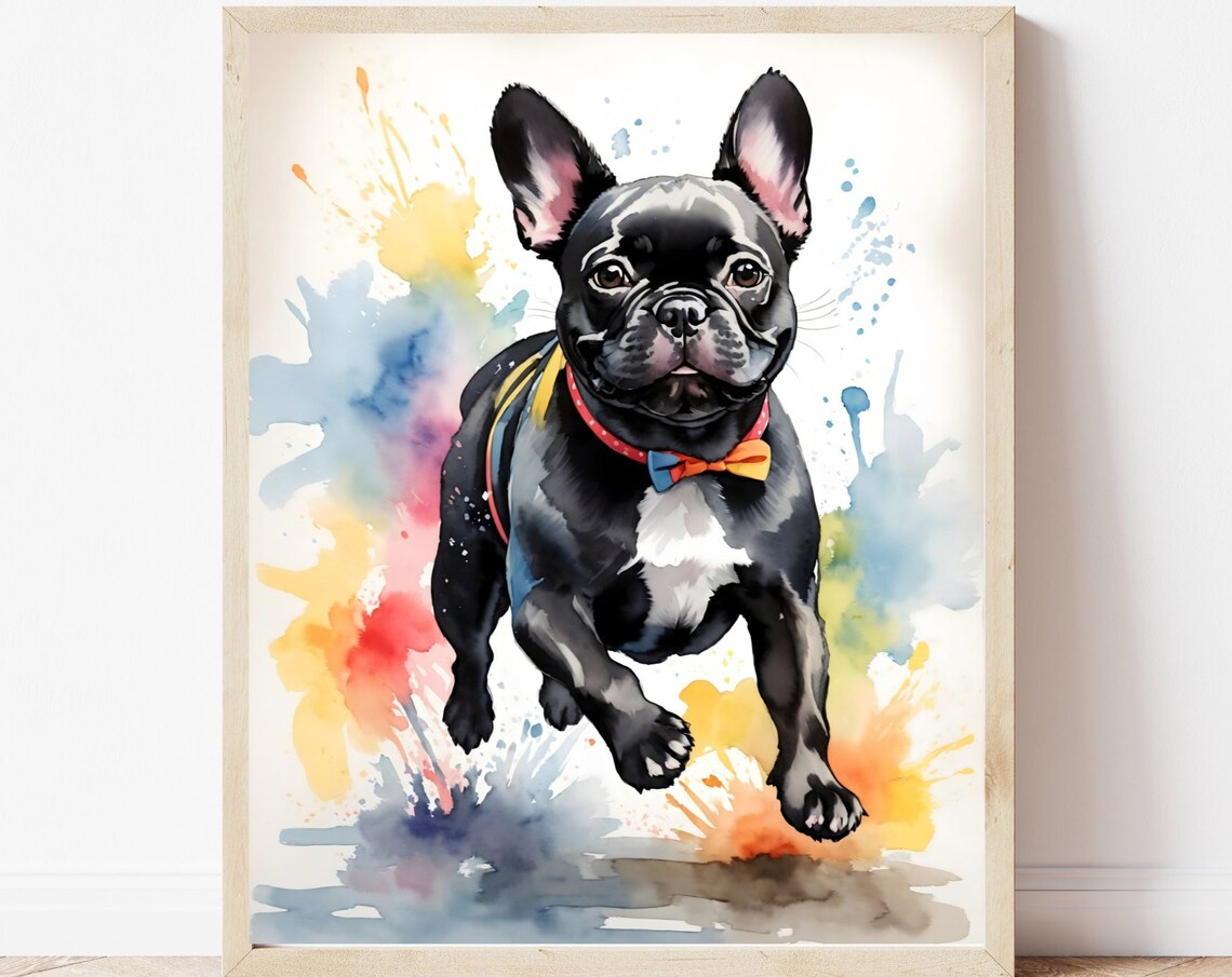 Black French Bulldog Puppy Bow Tie Watercolor Pet Art Poster