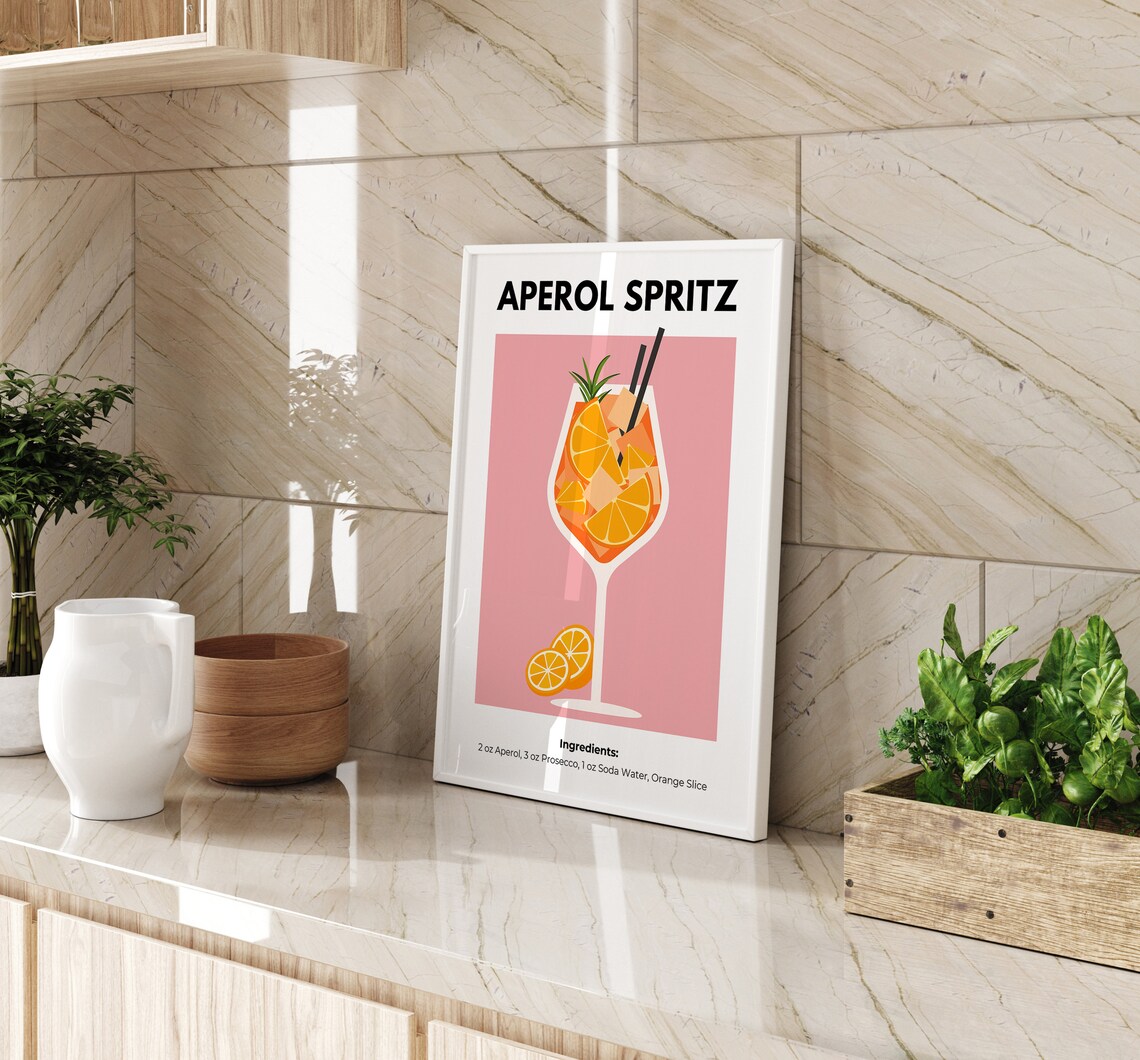 Aperol Spritz Cocktail Illustration Pink Bar Cart Recipe Poster - Image 4