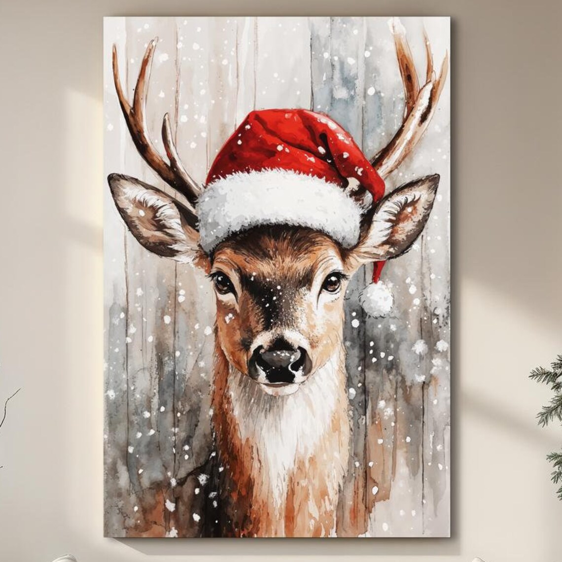 Reindeer Wearing Santa Hat Snowy Wooden Christmas Canvas Poster