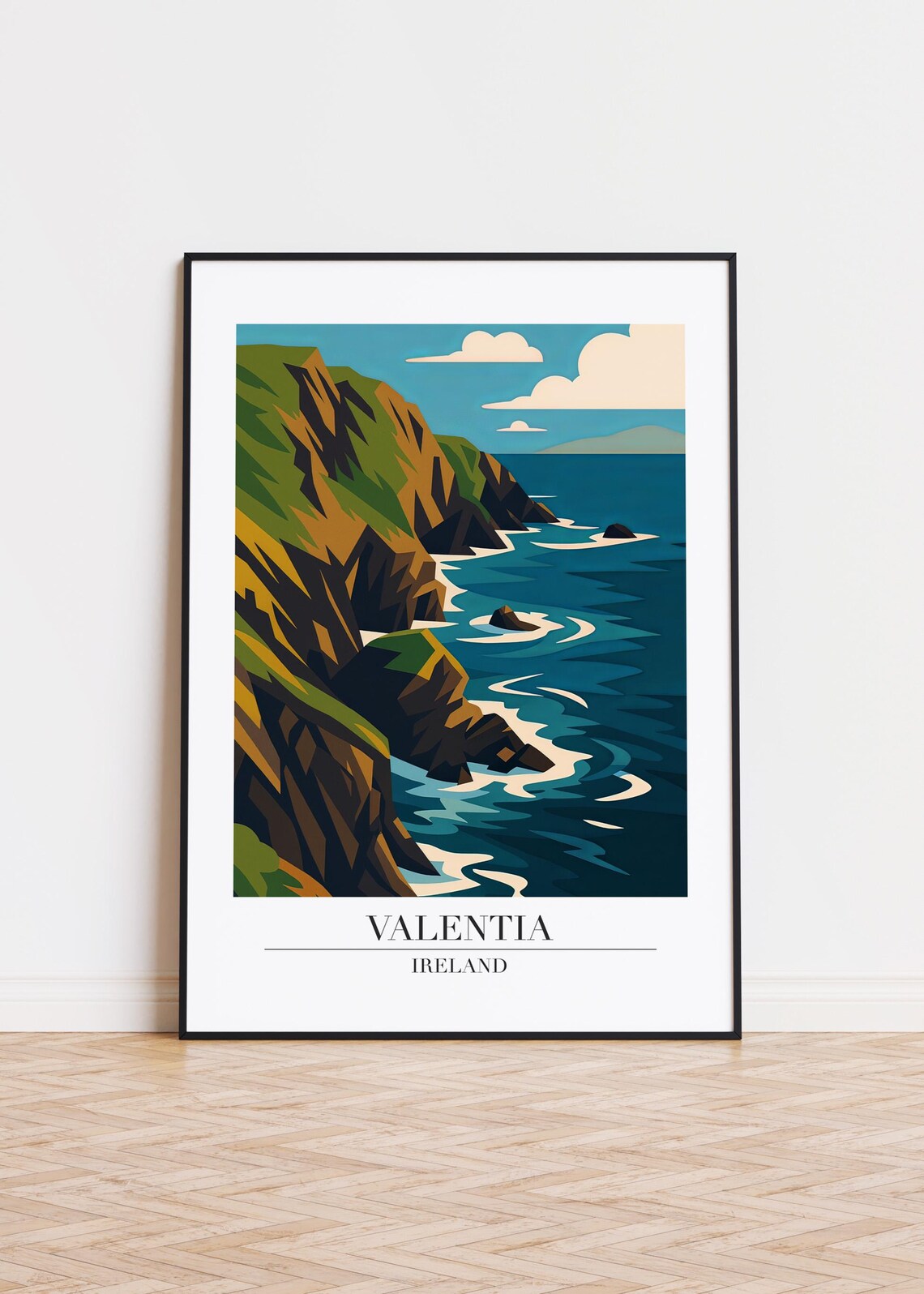 Valentia Ireland Rocky Sea Cliffs Travel Poster Dramatic Ocean Wave Art