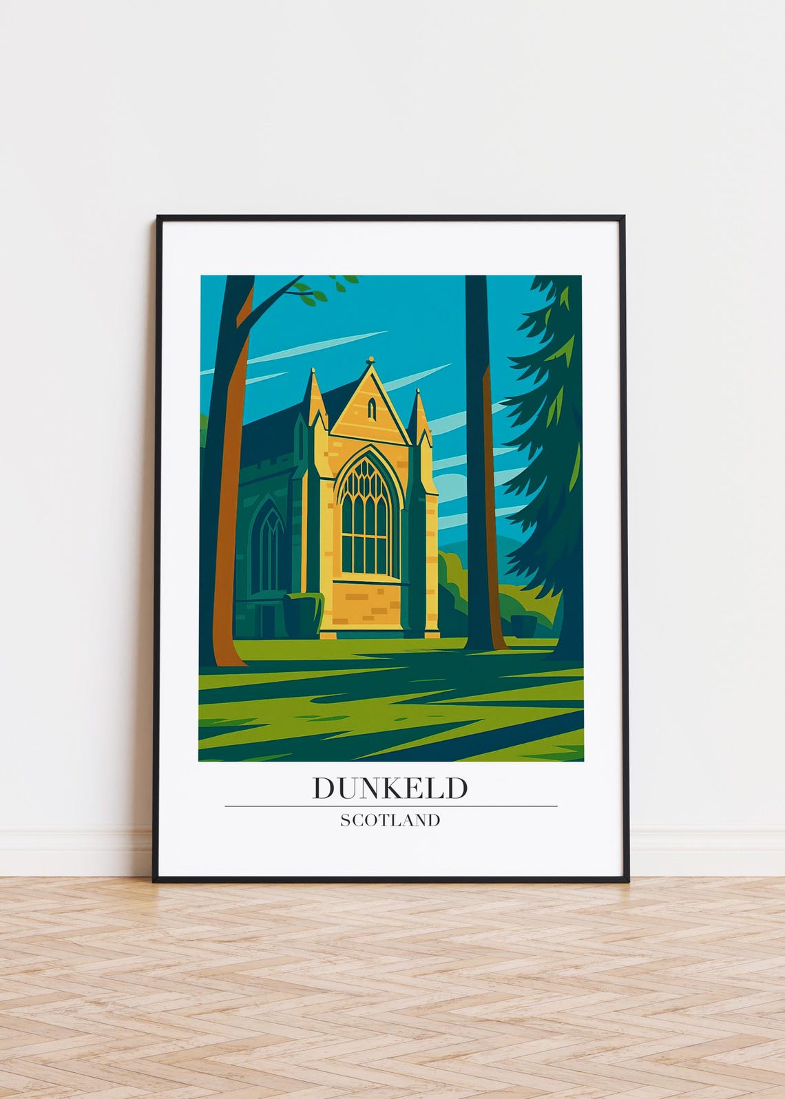 Dunkeld Scotland Travel Poster With Gothic Cathedral Among Tall Pines