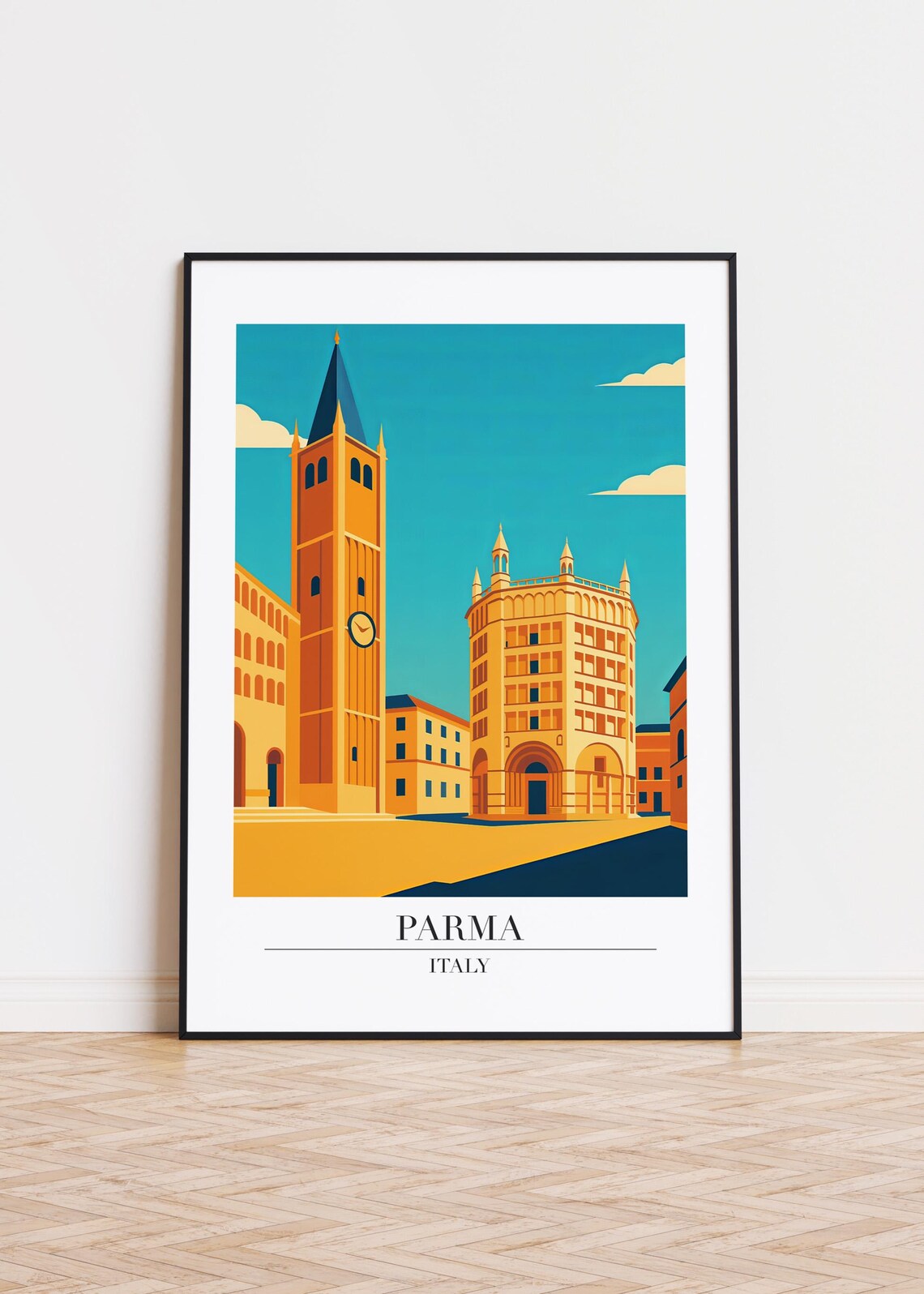 Parma Italy Baptistery Clock Tower Golden Modern Travel Poster