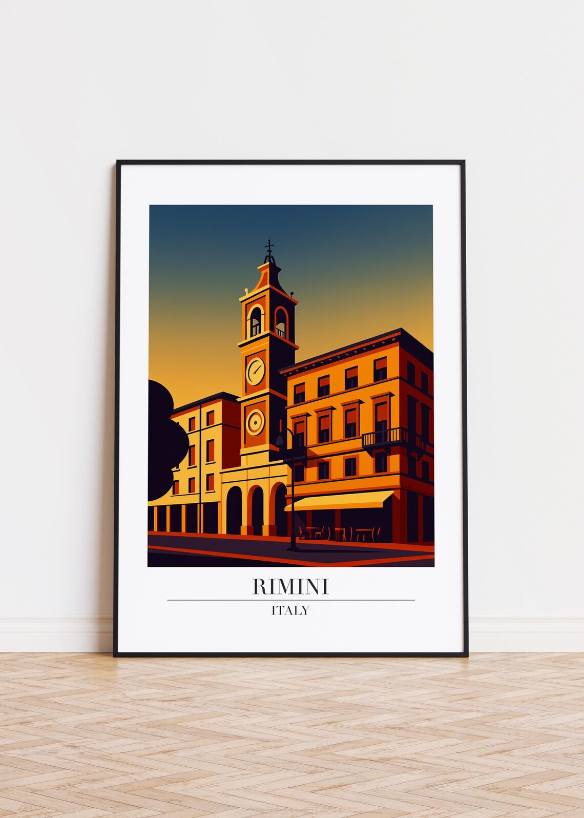 Rimini Italy Clock Tower Sunset Warm Tones City Travel Poster