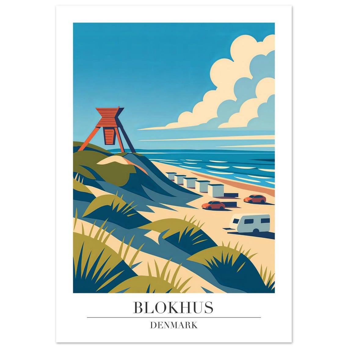 Blokhus Denmark Beach Dunes Retro Travel Style Landscape Poster