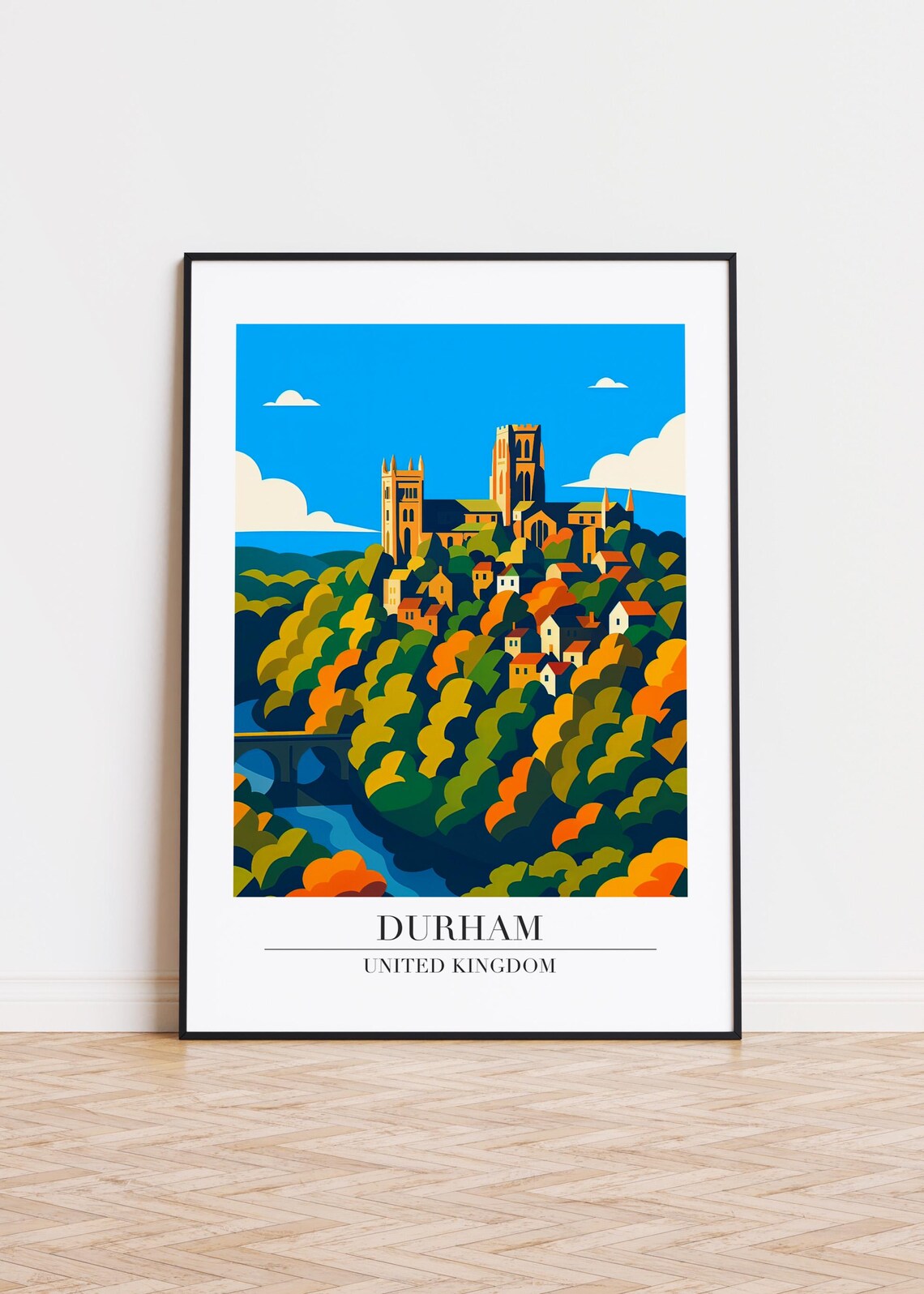 Durham United Kingdom Cathedral on Wooded Hill Retro Travel Poster
