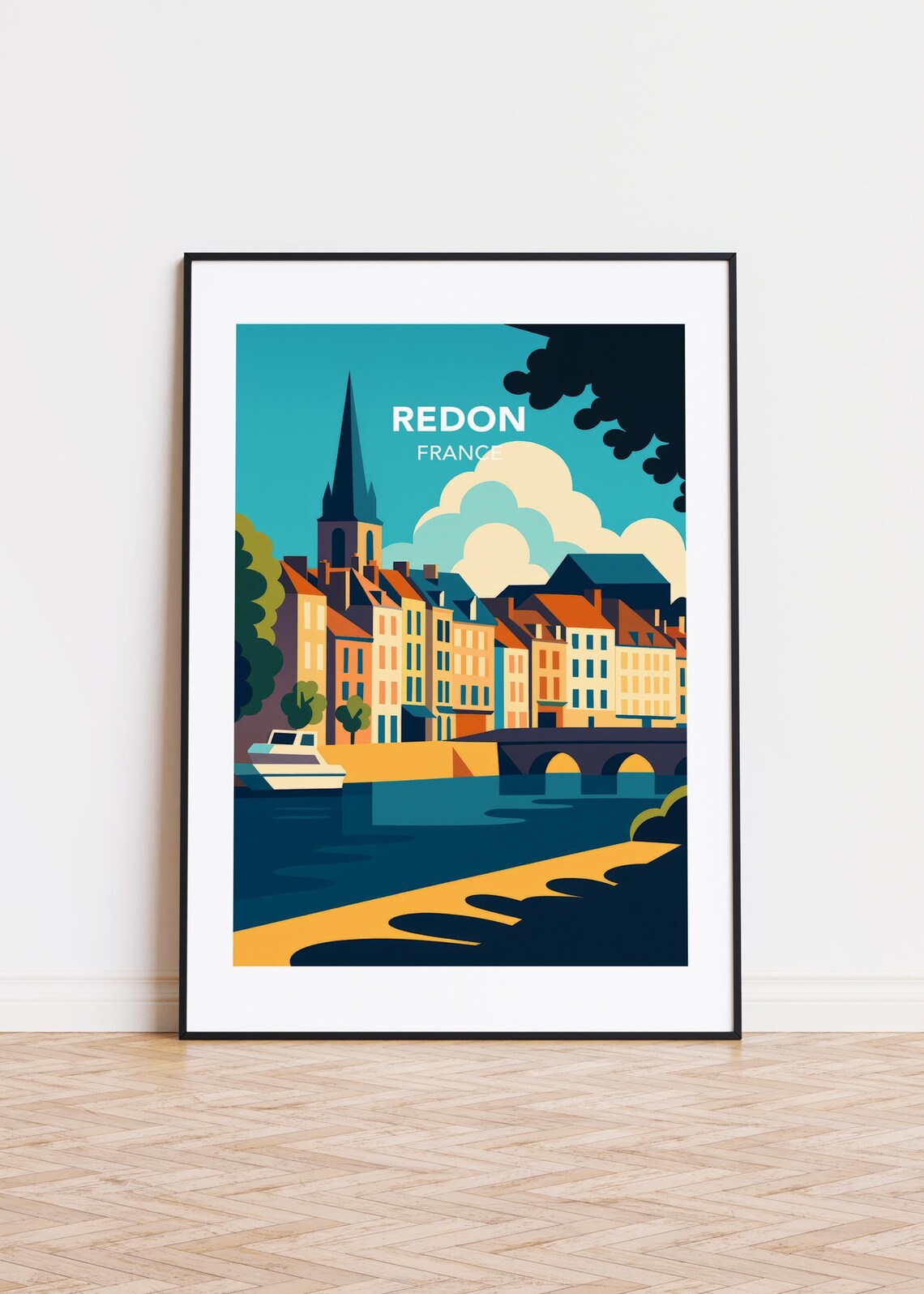 Redon France Riverside Old Town Church Spire Bridge Illustrated Poster