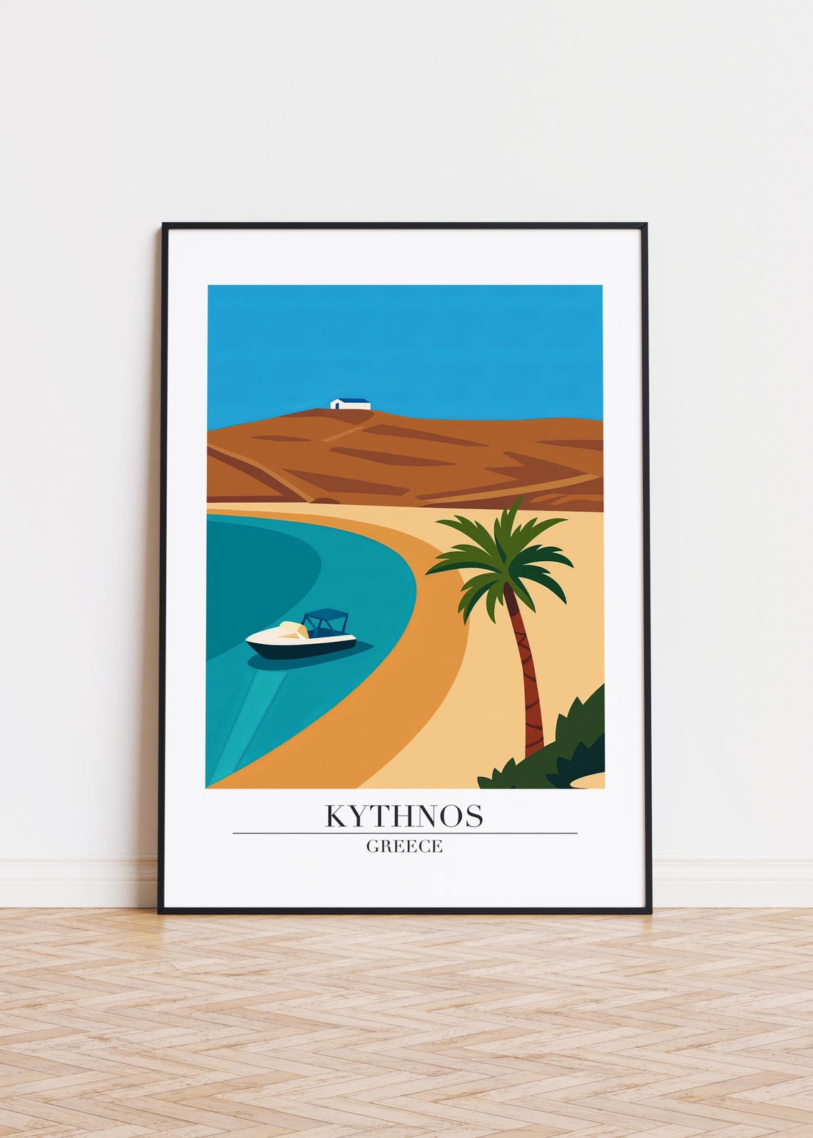 Kythnos Greece Curved Beach Motorboat Palm Tree Illustration Poster