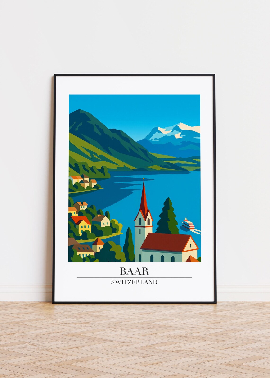 Baar Switzerland Lakeside Church Alpine Mountains Travel Poster
