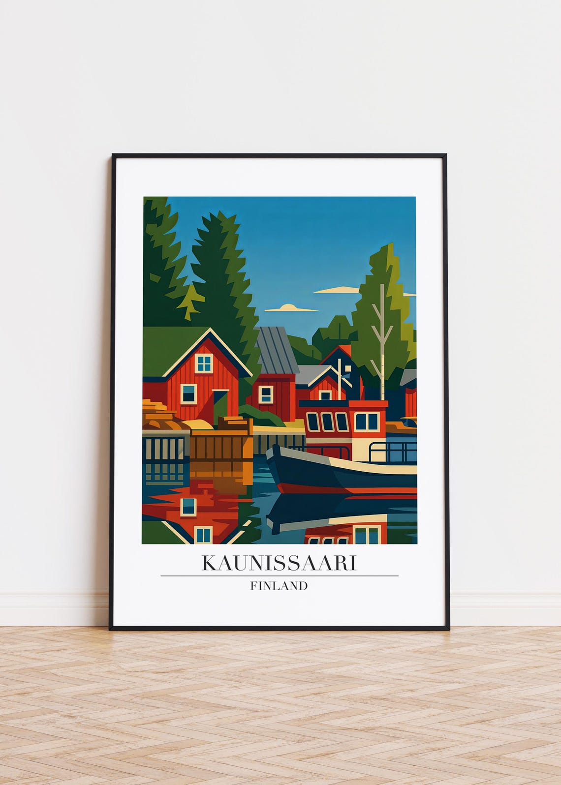 Kaunissaari Finland Red Fishing Huts Harbor Travel Illustration Poster