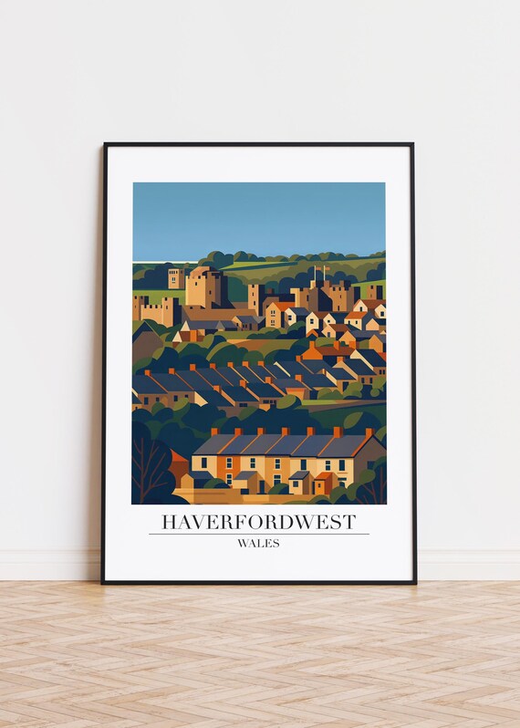 Haverfordwest Wales Castle Town Rooftops Geometric Travel Poster