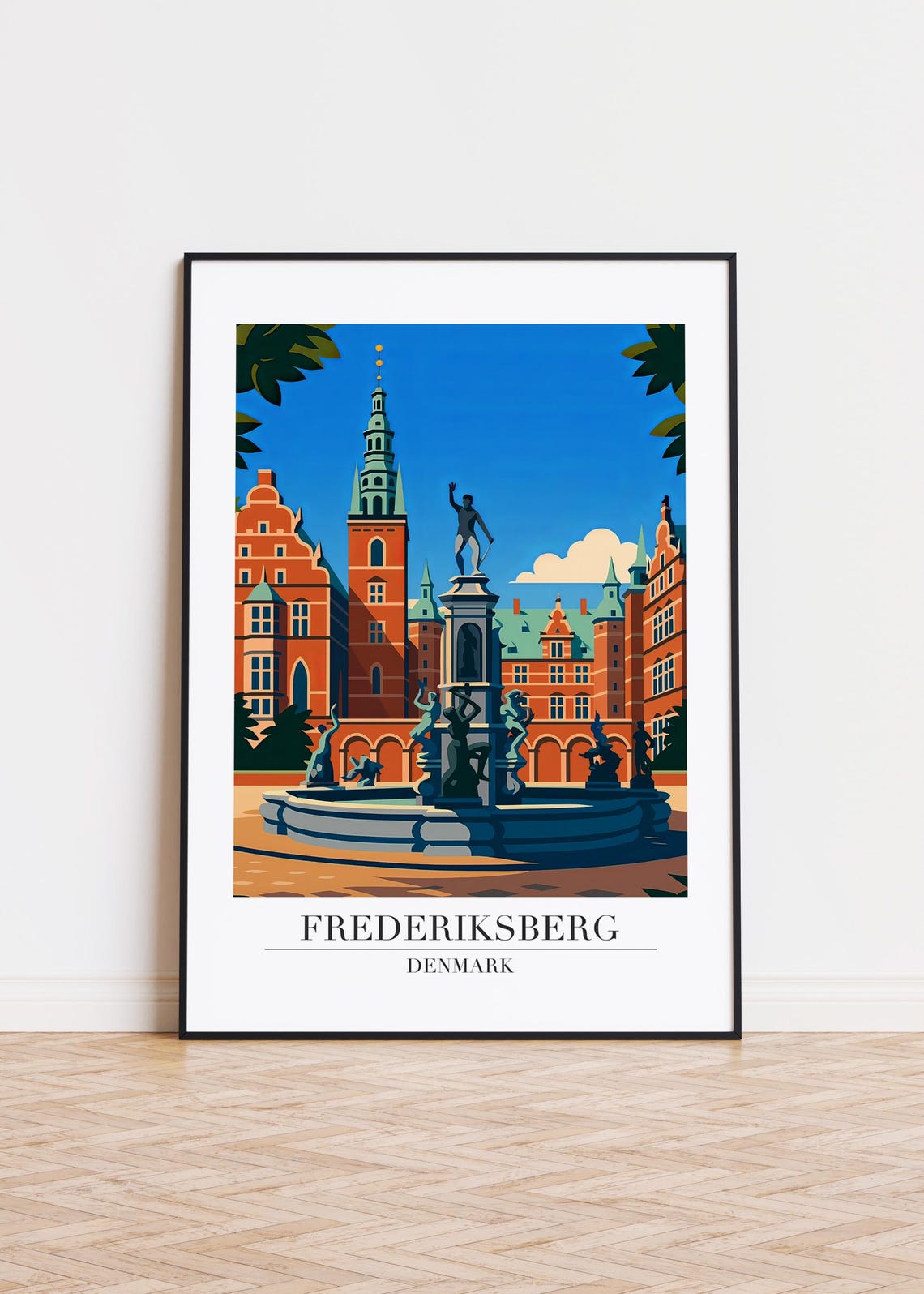 Frederiksberg Denmark Palace Square Fountain Modern Travel Poster