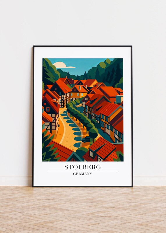 Stolberg Germany Red Rooftop Village Vintage Travel Style Poster