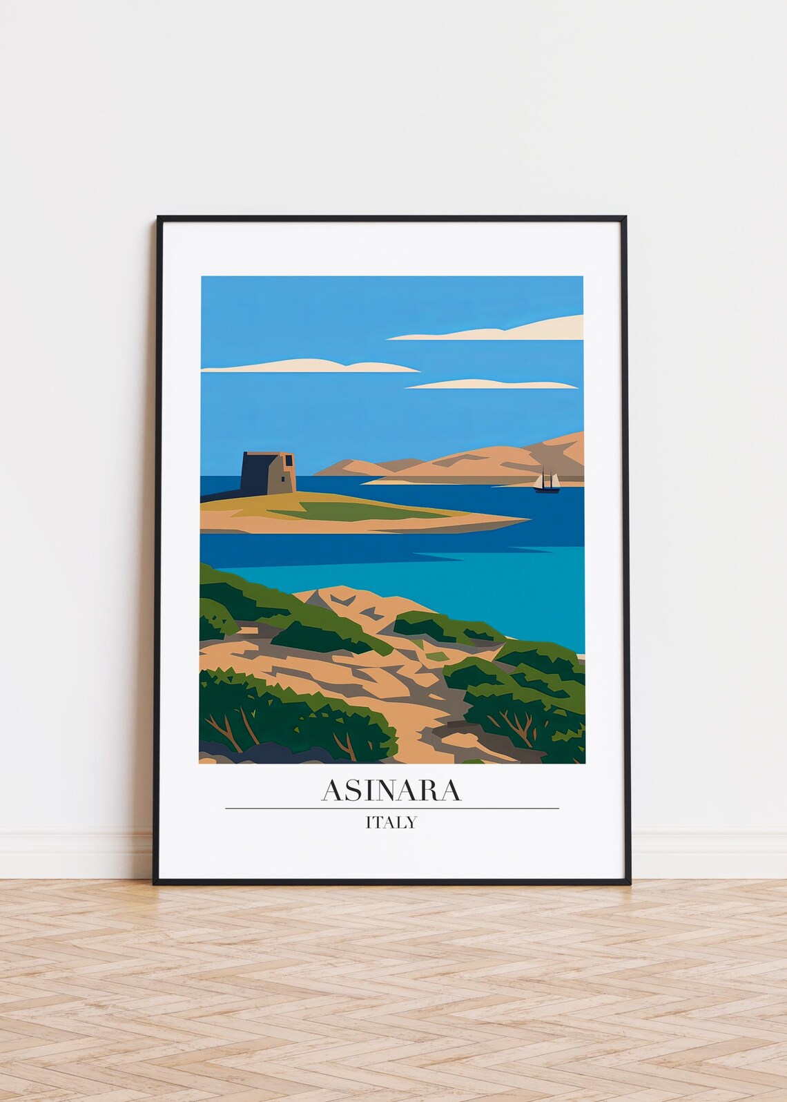 Asinara Italy Travel Poster Ancient Watchtower and Sailboat Coast