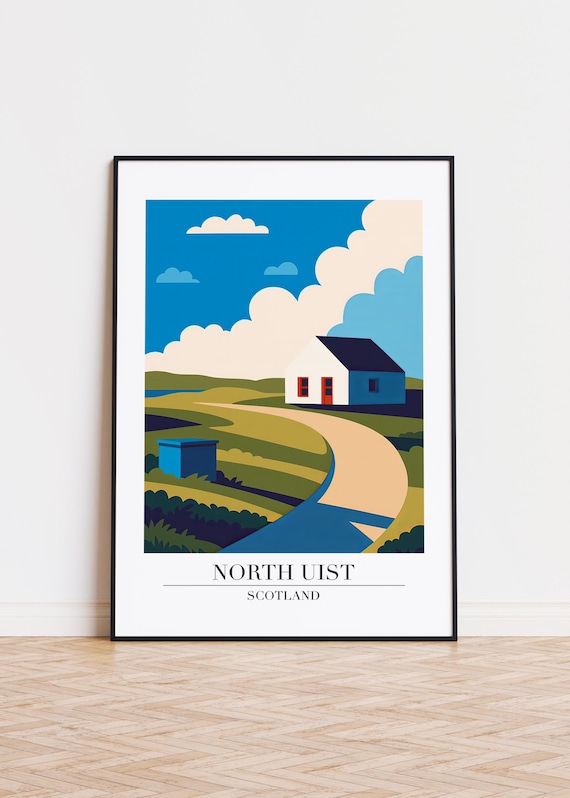 North Uist Scotland White Cottage Winding Path Travel Art Poster