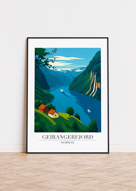 Geirangerfjord Norway Fjord Waterfall Cabins and Boats Travel Poster
