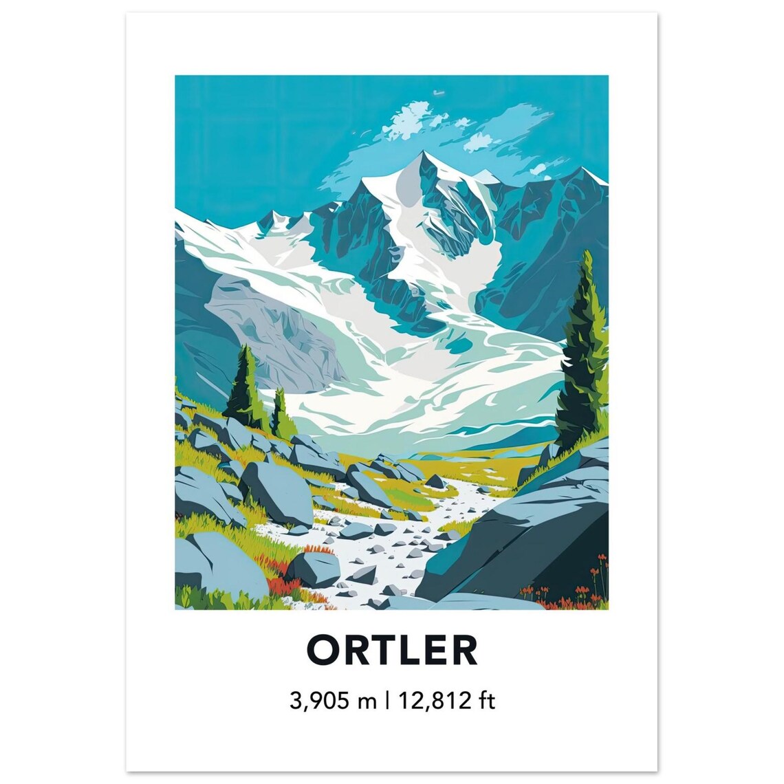 Ortler Mountain Travel Poster, Alps Landscape