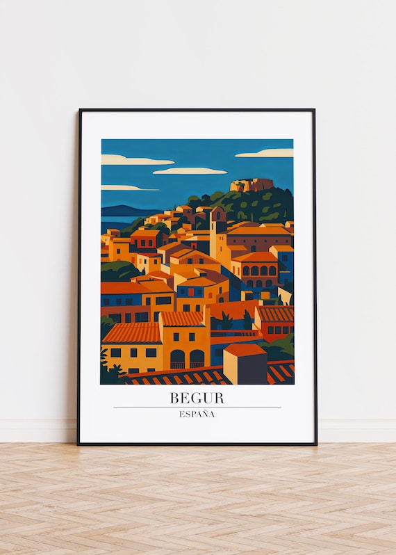 Begur Spain Sunset Terracotta Rooftops Hill Castle Travel Poster