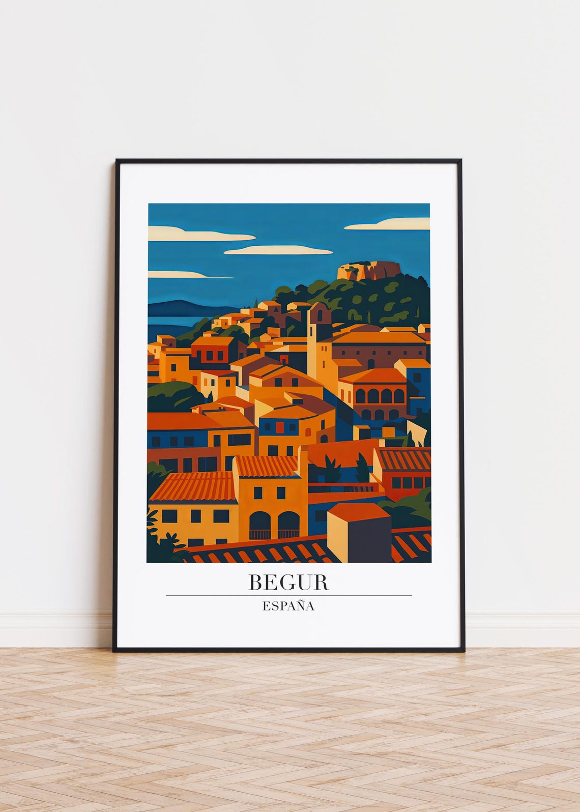 Begur Spain Sunset Terracotta Rooftops Hill Castle Travel Poster