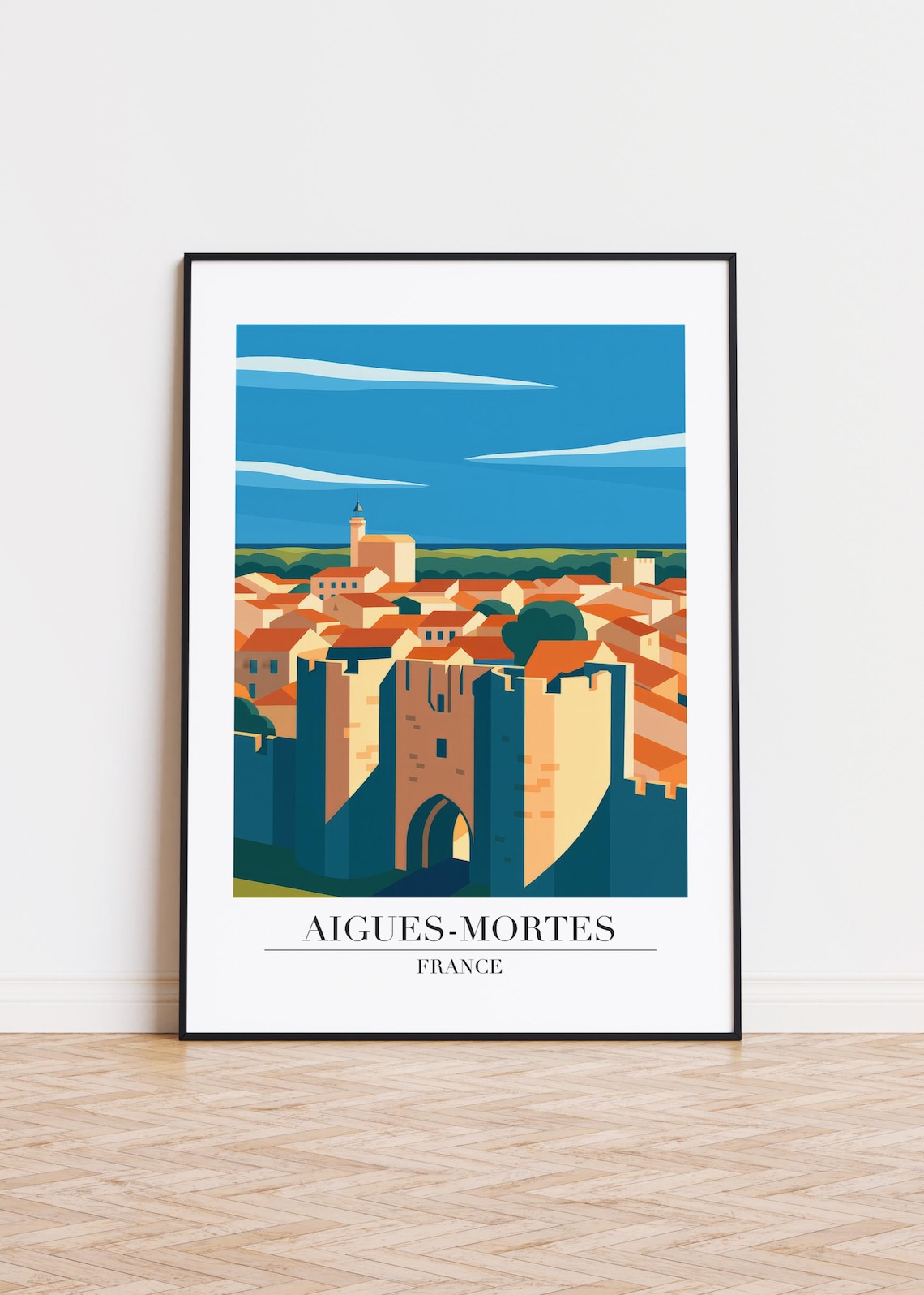 Aigues Mortes France Travel Poster Minimalist Medieval Walled Town Scene