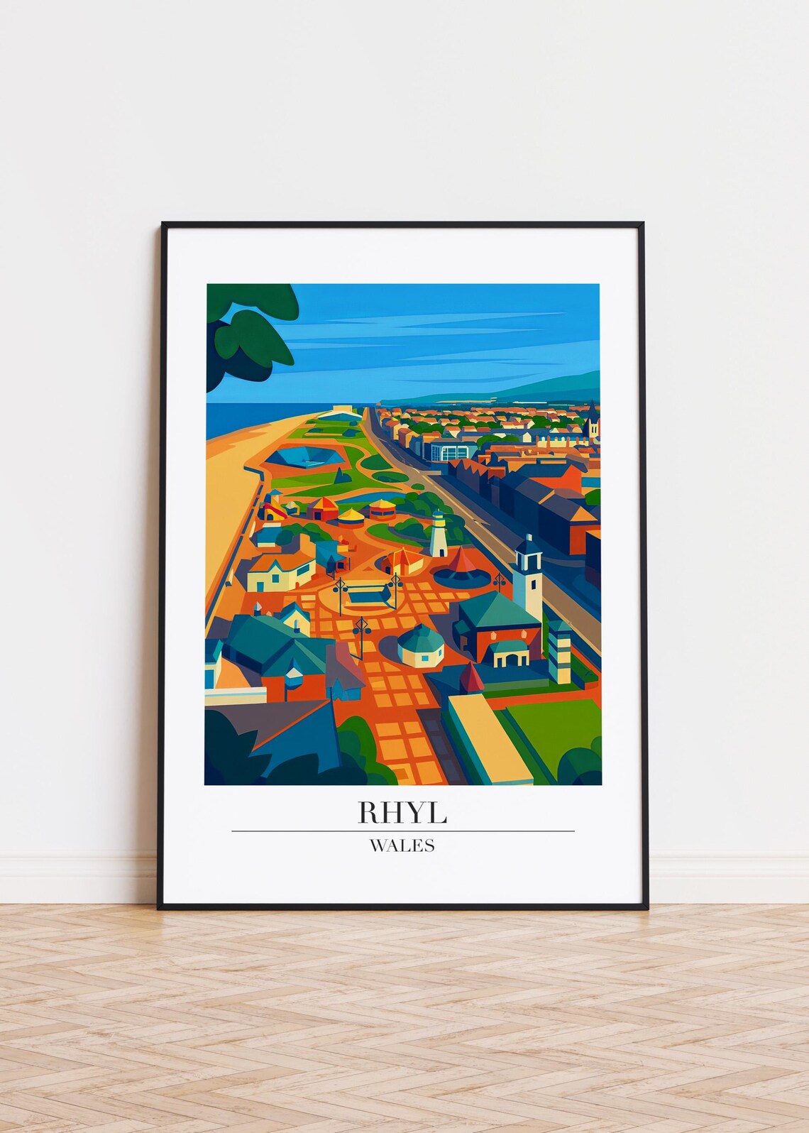 Rhyl Wales Aerial Town Poster Church Tower Beach Retro Travel Art