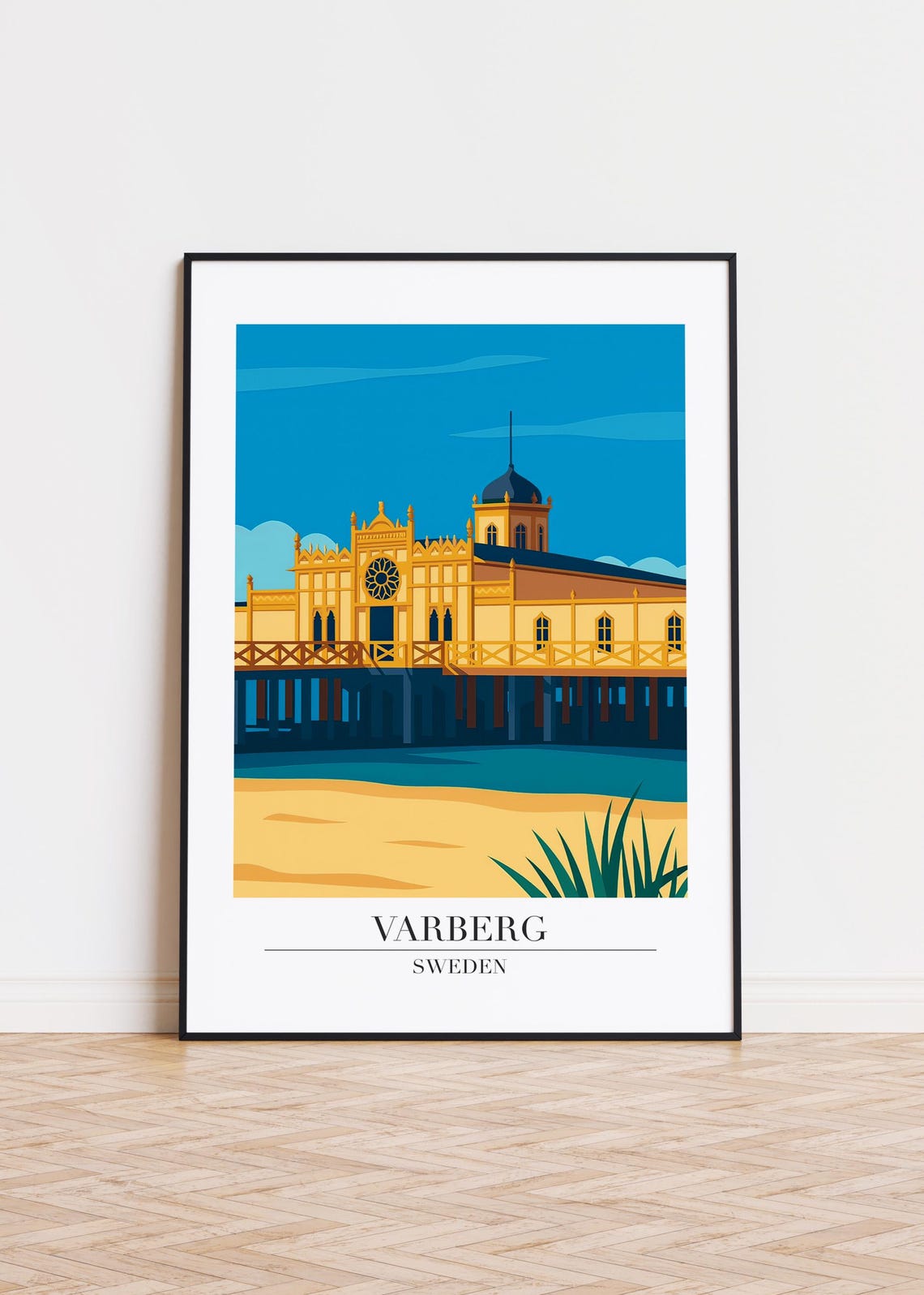 Varberg Sweden Travel Poster Historic Pier Bathhouse Beach Artwork