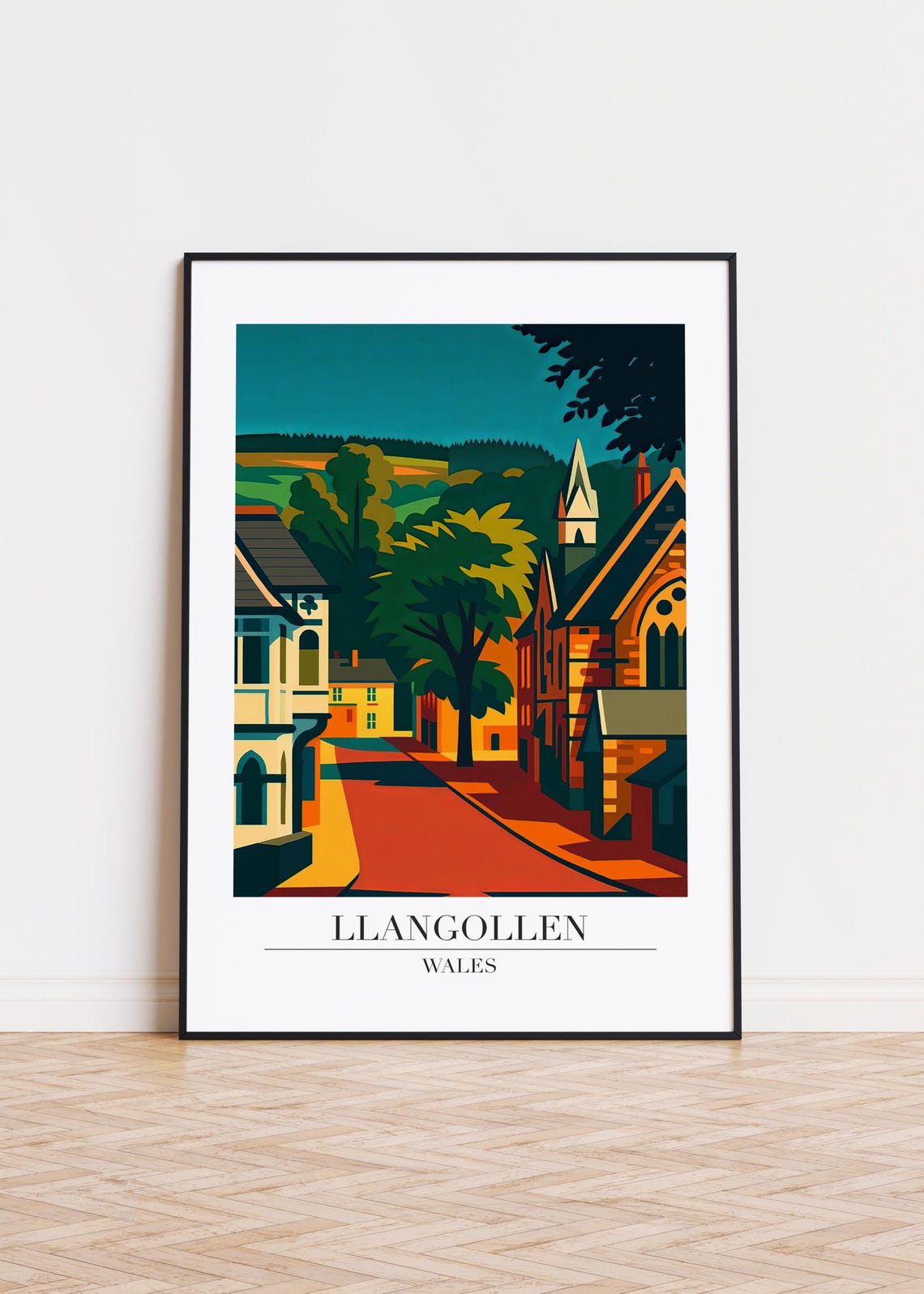 Llangollen Wales Sunset Street Warm Orange Modern Travel Poster Art