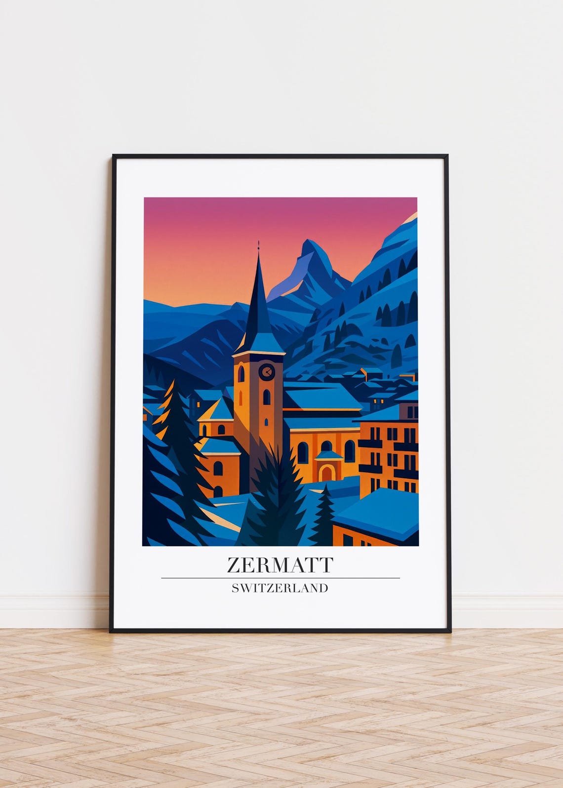 Zermatt Switzerland Sunset Church and Matterhorn Peak Art Poster