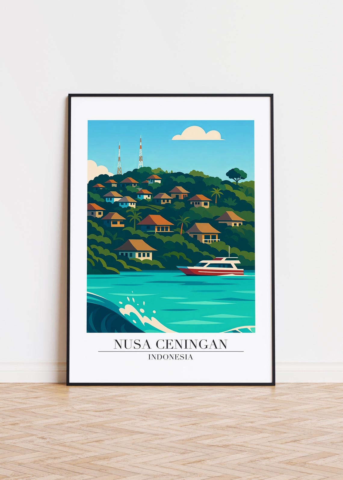 Nusa Ceningan Indonesia Hillside Village Speedboat Tropical Poster