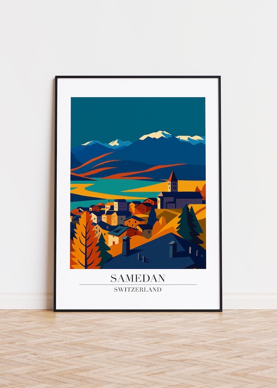 Samedan Switzerland Autumn Alpine Village Golden Hills Travel Poster