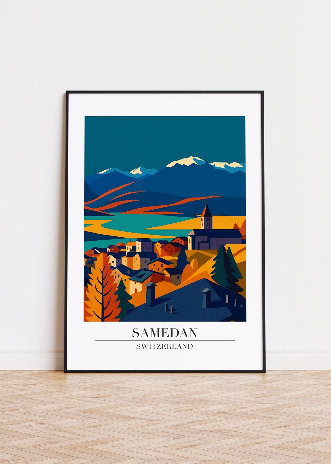 Samedan Switzerland Autumn Alpine Village Golden Hills Travel Poster