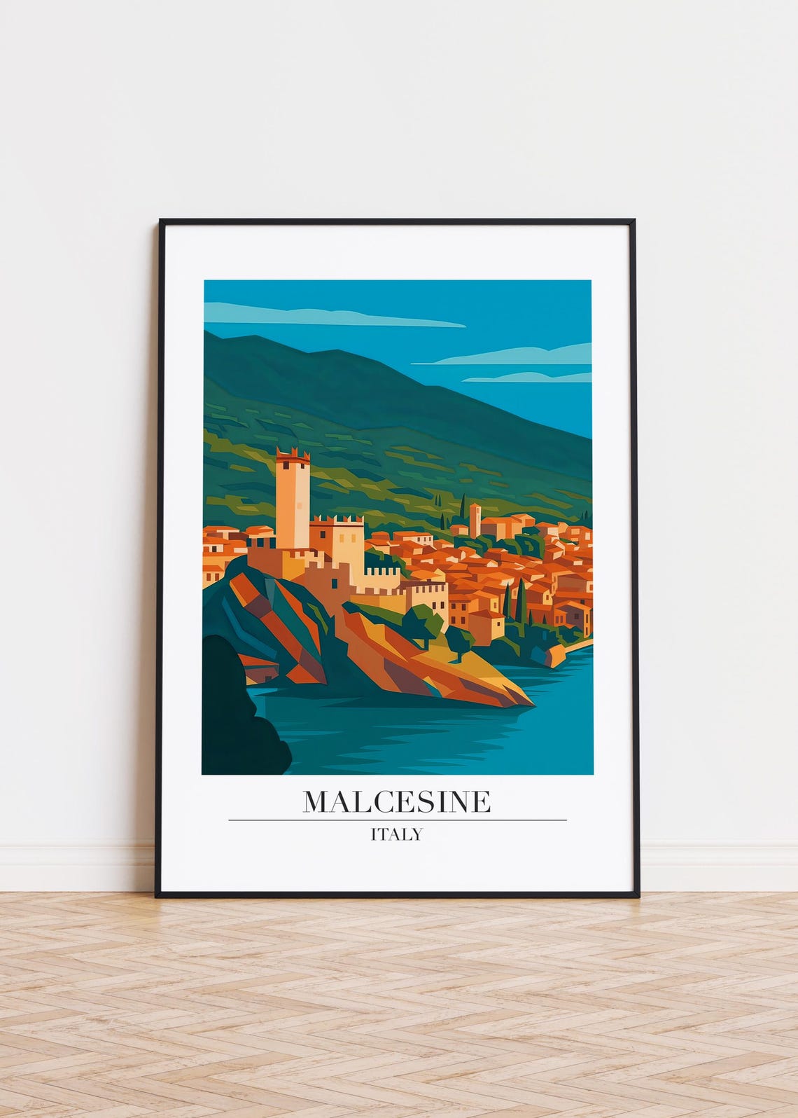 Malcesine Italy Travel Poster Scaliger Castle on Lake Garda Cliffs