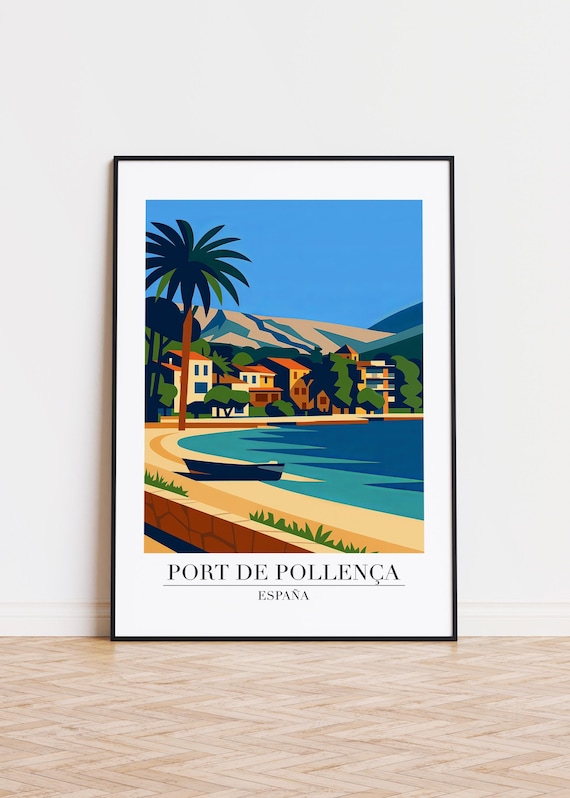 Port de Pollença Spain Harbor Boat Mountain View Retro Travel Poster