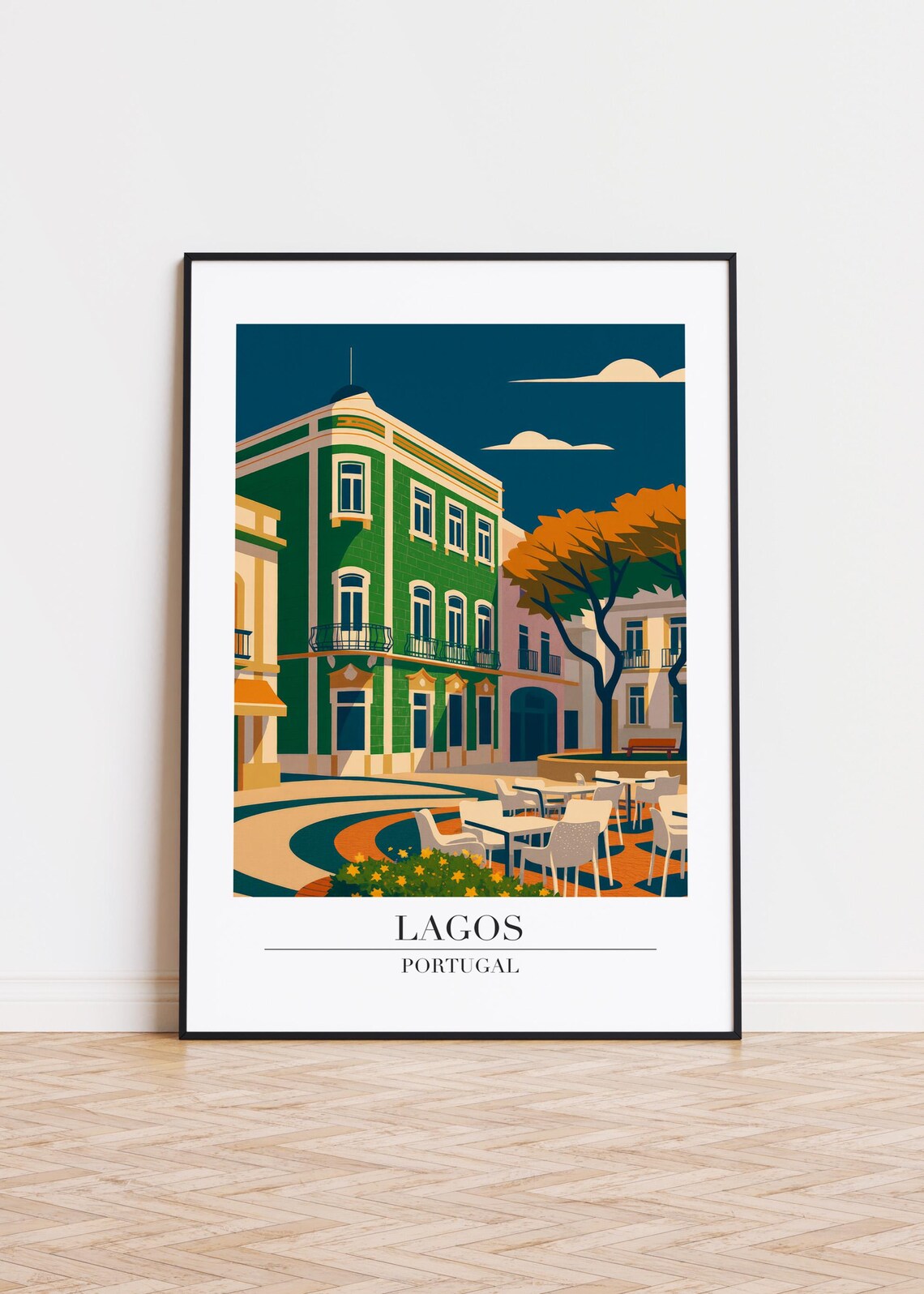 Lagos Portugal Green Tiled Building Café Plaza Dusk Travel Poster